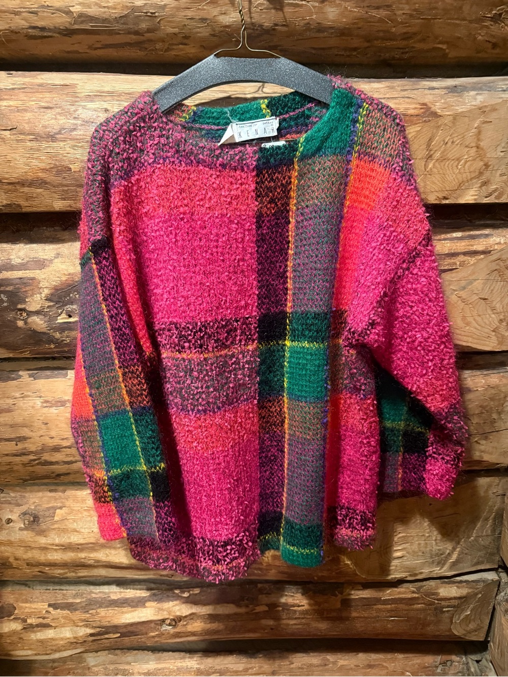 😍S Vintage petite Ann Tjian Kenar tartan Mohair blend Plaid Crewneck Sweater